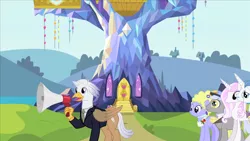 Size: 1280x720 | Tagged: safe, artist:mlp-silver-quill, derpibooru import, caesar, count caesar, fancypants, fleur-de-lis, lyrica lilac, oc, oc:silver quill, after the fact, after the fact:castle sweet castle, clothes, hat, image, megaphone, monocle, png, ponyville, suit, top hat, tour guide, twilight's castle