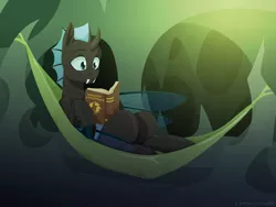 Size: 1600x1200 | Tagged: safe, artist:willoillo, derpibooru import, oc, changeling, book, commission, hammock, image, png, reading