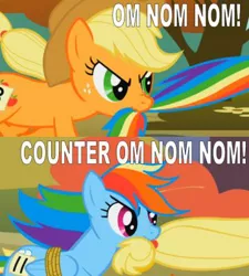 Size: 360x400 | Tagged: safe, derpibooru import, edit, edited screencap, screencap, applejack, rainbow dash, earth pony, pegasus, pony, fall weather friends, biting, female, image, jpeg, meme, nom, rope, tail, tail bite