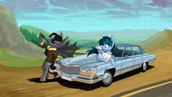 Size: 1920x1080 | Tagged: safe, artist:dori-to, derpibooru import, oc, oc:delta vee, unofficial characters only, bat pony, pegasus, pony, alcohol, bomber jacket, cadillac sedan deville, car, clothes, image, jacket, png, sunglasses