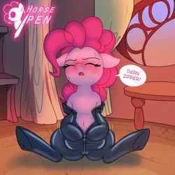 Size: 2500x2500 | Tagged: suggestive, artist:horsepen, derpibooru import, pinkie pie, earth pony, pony, art pack:teats for tat, belly button, big crotchboobs, blushing, bodysuit, clothes, crotchboobs, female, flushed face, getting dressed, golden oaks library, high res, huge crotchboobs, image, imminent wardrobe malfunction, latex, latex suit, library, mare, nudity, open clothes, png, skintight clothes, solo, solo female, stupid sexy pinkie, sweat, zipper