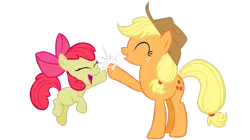 Size: 3278x1830 | Tagged: safe, artist:totalcrazyness101, derpibooru import, apple bloom, applejack, earth pony, pony, apple bloom's bow, applejack's hat, bow, cowboy hat, duo, eyes closed, female, filly, foal, hair bow, hat, hoofbump, image, mare, png, siblings, simple background, sisters, transparent background, vector