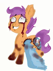 Size: 768x1024 | Tagged: grimdark, artist:bright darkness, derpibooru import, scootaloo, pegasus, pony, 2018, blood, blood stains, creepypasta, crying, ear fluff, evil grin, evil scootaloo, female, filly, foal, grin, image, implied murder, insanity, jpeg, looking up, rainbow dash's wings, shrunken pupils, simple background, smiling, stitches, tears of blood, white background, yandereloo