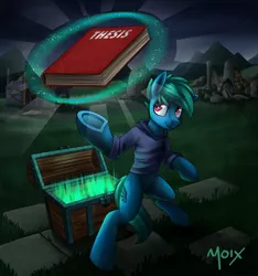 Size: 2250x2399 | Tagged: safe, artist:supermoix, derpibooru import, oc, oc:supermoix, pegasus, pony, aura, book, chest, clothes, cute, glow-in-the-dark, grass, hoodie, house, image, looking up, magic, male, mountain, night, png, ruins, solo, stallion, the legend of zelda, thesis