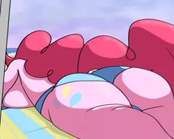 Size: 2500x2000 | Tagged: suggestive, artist:snatchtrack, derpibooru import, pinkie pie, anthro, earth pony, ass, balloonbutt, beach, big breasts, bikini, breasts, busty pinkie pie, butt, clothes, faceless female, female, image, lying down, offscreen character, png, rear view, solo, swimsuit, tail