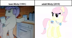 Size: 800x426 | Tagged: safe, derpibooru import, screencap, earth pony, pony, my little pony tales, too sick to notice, age progression, bipedal, cup, female, g1, g1 to g4, g4, generation leap, image, jpeg, kitchen, mare, milk, misty (g1), older, phone, ponytail, teenager