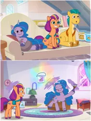 Size: 1500x1999 | Tagged: safe, derpibooru import, edit, edited screencap, screencap, hitch trailblazer, izzy moonbow, sunny starscout, a home to share, my little pony: tell your tale, sisters take flight, spoiler:g5, spoiler:my little pony: tell your tale, spoiler:tyts01e01, spoiler:tyts01e03, g5, image, jpeg