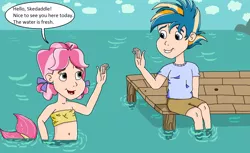 Size: 1473x904 | Tagged: safe, artist:ocean lover, derpibooru import, kettle corn, skeedaddle, human, mermaid, bandeau, belly button, clothes, cloud, cute, dialogue, female, fish tail, haiku, hello, human coloration, humanized, image, kedaddle, kettlebetes, kids, looking at each other, looking at someone, male, male and female, mermaid tail, mermaidized, mermay, midriff, ocean, open mouth, outdoors, png, shipping, shipping fuel, shirt, shore, shorts, sky, smiling, smiling at each other, species swap, straight, t-shirt, tail, text, water, waving, wooden floor