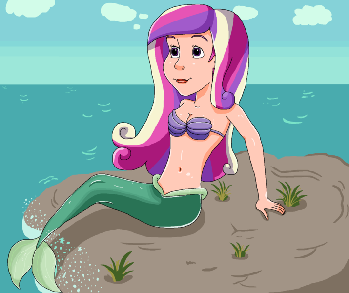 Size: 1654x1388 | Tagged: safe, artist:ocean lover, derpibooru import, princess cadance, human, mermaid, ariel, beautiful, beautiful hair, belly button, bra, breasts, clothes, cloud, disney, disney princess, disney style, female, fins, fish tail, grass, humanized, image, lips, looking up, mermaid princess, mermaid tail, mermaidized, mermay, midriff, multicolored hair, nudity, ocean, outdoors, partial nudity, png, purple eyes, rock, seashell bra, shiny skin, sitting, sky, smiling, solo, species swap, splash, tail, the little mermaid, underwear, water, wave