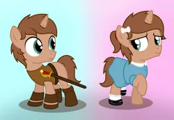 Size: 4320x2973 | Tagged: safe, artist:peternators, derpibooru import, oc, oc:heroic armour, unofficial characters only, pony, unicorn, boots, bracer, clothes, colt, dress, fake eyelashes, femboy, foal, hair ribbon, image, looking at each other, looking at someone, male, mary janes, png, ponytail, ribbon, self paradox, self ponidox, shoes, smiling, socks, sword, transgender, two sides, weapon