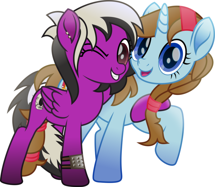 Size: 5519x4795 | Tagged: safe, artist:lincolnbrewsterfan, derpibooru import, oc, oc:midday shine, oc:sassy lost, unofficial characters only, pegasus, pony, unicorn, fallout equestria, rainbow roadtrip, .svg available, :d, alternate universe, best friends, blue, blue eyes, book, bracelet, braid, brown mane, brown tail, choker, cute, derpibooru exclusive, duo, duo female, ear piercing, earring, fallout equestria oc, female, folded wings, gift art, grin, hair over one eye, hair tie, hairband, happy, hoof around neck, horn, hug, image, jewelry, looking at you, loose hair, mare, movie accurate, ocbetes, one eye closed, open mouth, open smile, pegasus oc, piercing, png, purple, raised hoof, red eye, side hug, simple background, skull, smiling, smiling at you, standing, sun, tail, tail wrap, transparent background, two toned mane, two toned tail, unicorn oc, vector, wings, wink, winking at you, wrist cuffs