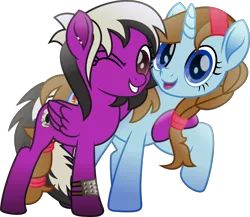 Size: 5519x4795 | Tagged: safe, artist:lincolnbrewsterfan, derpibooru import, oc, oc:midday shine, oc:sassy lost, unofficial characters only, pegasus, pony, unicorn, fallout equestria, rainbow roadtrip, .svg available, :d, alternate universe, best friends, blue, blue eyes, book, bracelet, braid, brown mane, brown tail, choker, cute, derpibooru exclusive, duo, duo female, ear piercing, earring, fallout equestria oc, female, folded wings, gift art, grin, hair over one eye, hair tie, hairband, happy, hoof around neck, horn, hug, image, jewelry, looking at you, loose hair, mare, movie accurate, ocbetes, one eye closed, open mouth, open smile, pegasus oc, piercing, png, purple, raised hoof, red eye, side hug, simple background, skull, smiling, smiling at you, standing, sun, tail, tail wrap, transparent background, two toned mane, two toned tail, unicorn oc, vector, wings, wink, winking at you, wrist cuffs