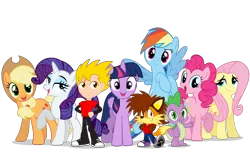 Size: 4388x2668 | Tagged: safe, artist:lachlandingoofficial, derpibooru import, applejack, fluttershy, pinkie pie, rainbow dash, rarity, spike, twilight sparkle, twilight sparkle (alicorn), oc, oc:andrew the human, oc:lachlan dingo, alicorn, dog, dragon, earth pony, human, pegasus, pony, group shot, image, mane six, png, simple background, transparent background, vector, wholesome