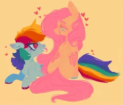 Size: 1109x943 | Tagged: safe, artist:ponysforyou, derpibooru import, fluttershy, rainbow dash, pegasus, pony, colored wings, colored wingtips, female, flutterdash, heart, heart eyes, image, jpeg, lesbian, looking at each other, looking at someone, lying down, prone, shipping, simple background, sitting, wingding eyes, wings