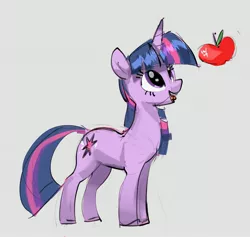 Size: 3543x3365 | Tagged: safe, artist:alumx, derpibooru import, twilight sparkle, pony, unicorn, apple, female, food, gray background, image, jpeg, looking at something, looking up, mare, open mouth, open smile, simple background, smiling, solo, unicorn twilight