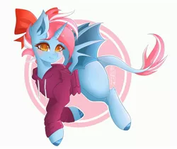 Size: 3655x3068 | Tagged: safe, artist:bizarre_pony, derpibooru import, oc, oc:sora kite, dracony, dragon, hybrid, pony, unicorn, bow, clothes, dragoness, female, image, jpeg, solo