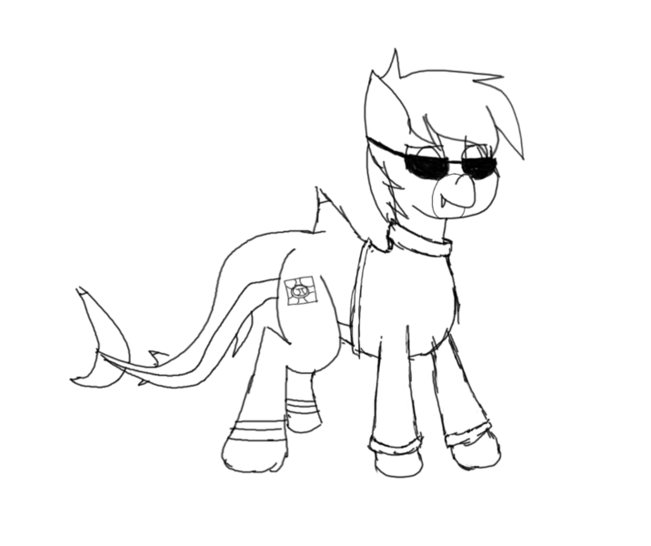 Size: 888x744 | Tagged: safe, artist:fruityhorssse, derpibooru import, oc, oc:compius, original species, shark, shark pony, 1000 hours in ms paint, clothes, image, monochrome, png, sketch, solo, sunglasses