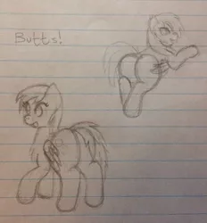 Size: 604x652 | Tagged: safe, artist:fruityhorssse, derpibooru import, derpy hooves, bat pony, bubble butt, butt, butts, image, lined paper, monochrome, png, sketch, traditional art