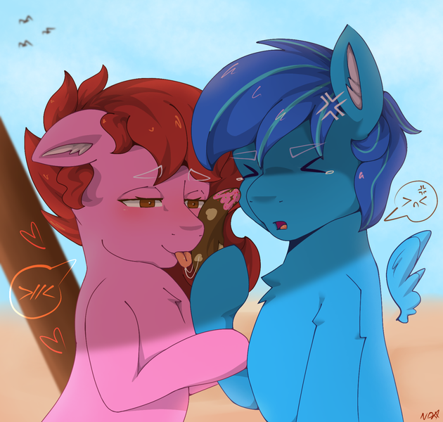 Size: 1585x1509 | Tagged: safe, artist:nanazdina, derpibooru import, oc, oc:darie, oc:lunatia elsa, unofficial characters only, earth pony, pegasus, pony, banana, beach, couple, food, ibispaint x, image, licking, oc x oc, png, shipping, tongue out