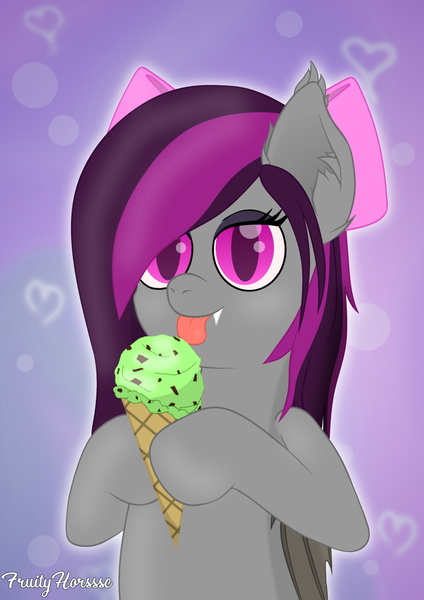 Size: 985x1393 | Tagged: safe, artist:fruityhorssse, derpibooru import, oc, oc:obsidia, bat, bat pony, commission, eating, food, ice cream, ice cream cone, image, jpeg, licking, mint chocolate ice cream, mint ice cream, solo, tongue out