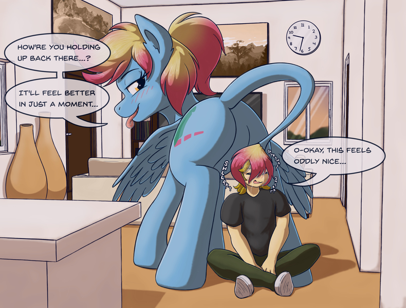 Size: 2560x1945 | Tagged: questionable, artist:eisky, derpibooru import, oc, oc:eis, oc:merrifeather, unofficial characters only, human, pegasus, bedroom eyes, blushing, clock, colored wings, dialogue, drool, endosoma, image, imminent vore, indoors, kitchen eyes, leonine tail, lidded eyes, looking back, non-fatal vore, pegasus oc, png, ponies eating humans, sitting, size difference, smiling, speech bubble, tail, tongue out, two toned mane, two toned tail, two toned wings, vase, vore, wavy mouth, wings