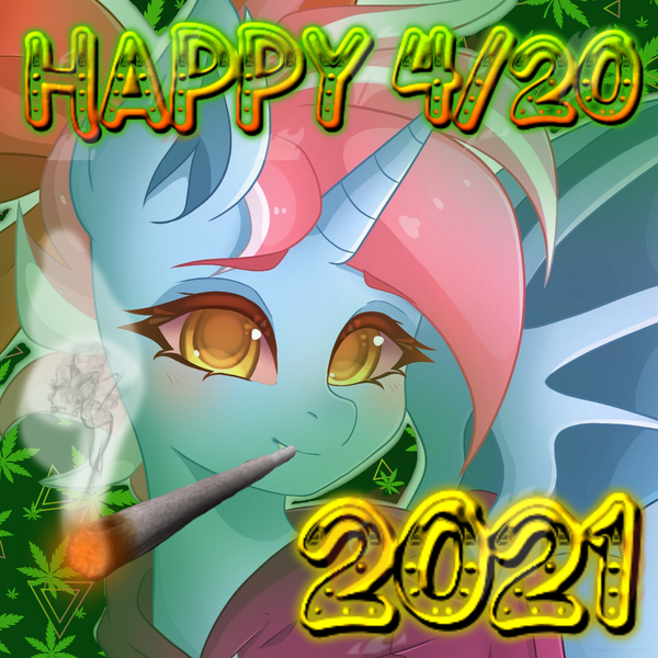 Size: 1363x1363 | Tagged: safe, artist:bizarre_pony, artist:fruityhorssse, derpibooru import, oc, oc:sora kite, dracony, dragon, hybrid, pony, unicorn, 2021, 420, 420 blaze it, clothes, dragoness, drugs, drugs are bad mmmkay?, female, image, joint, marijuana, png, smoking, solo