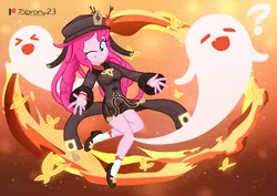 Size: 2632x1868 | Tagged: safe, artist:tabrony23, derpibooru import, pinkie pie, ghost, undead, equestria girls, beautiful, breasts, clothes, cosplay, costume, crossover, cute, female, genshin impact, hat, hu tao (genshin impact), image, looking at you, one eye closed, patreon, patreon logo, png, shoes, show accurate, smiling, smiling at you, tongue out, video game crossover, wink, winking at you