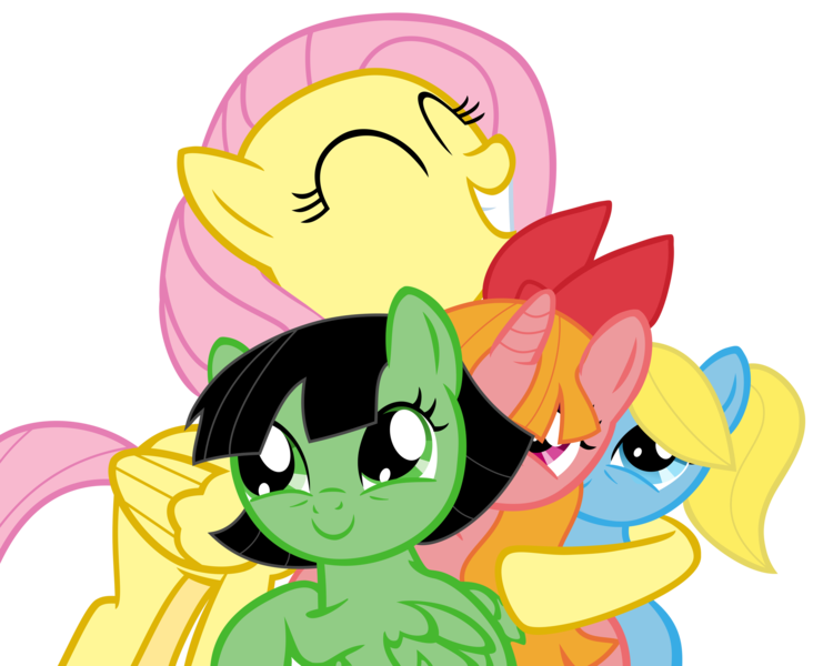 Size: 2737x2191 | Tagged: safe, artist:otfor2, artist:youki506, derpibooru import, fluttershy, ponified, alicorn, pegasus, pony, blossom (powerpuff girls), bubbles (powerpuff girls), buttercup (powerpuff girls), crossover, eyes closed, female, high res, hug, image, png, simple background, the powerpuff girls, transparent background, vector