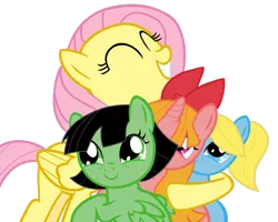 Size: 2737x2191 | Tagged: safe, artist:otfor2, artist:youki506, derpibooru import, fluttershy, ponified, alicorn, pegasus, pony, blossom (powerpuff girls), bubbles (powerpuff girls), buttercup (powerpuff girls), crossover, eyes closed, female, high res, hug, image, png, simple background, the powerpuff girls, transparent background, vector