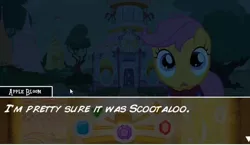 Size: 1174x681 | Tagged: safe, derpibooru import, scootaloo, pegasus, pony, 2010, cape, carousel boutique, clothes, cmc cape, dialogue, female, filly, foal, image, implied apple bloom, jpeg, mare, my little investigations, night, shocked, text, tree, youtube link