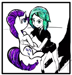 Size: 2277x2372 | Tagged: safe, artist:solid shrimp, derpibooru import, rarity, crystal pony, human, pony, unicorn, anime, female, gem, gemstones, holding a pony, image, land of the lustrous, phos, png