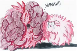 Size: 2185x1450 | Tagged: safe, artist:zalgopinkie, derpibooru import, pinkie pie, oc, oc:fluffle puff, earth pony, fluffy pony, pony, creepypasta, crying, dialogue, female, floppy ears, image, jpeg, mare, pencil drawing, scared, scrunchy face, text, traditional art, zalgo, zalgo pie