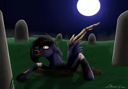 Size: 4000x2795 | Tagged: grimdark, artist:deadsea, derpibooru import, oc, unofficial characters only, pegasus, pony, undead, zombie, blood, cemetery, damaged, female, high res, horizontal pupils, image, jpeg, night, pegasus oc, solo, wings