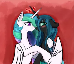 Size: 2225x1925 | Tagged: safe, artist:renarde-louve, derpibooru import, princess celestia, queen chrysalis, alicorn, changeling, changeling queen, pony, blushing, chryslestia, duo, duo female, eye clipping through hair, eyebrows, eyebrows visible through hair, female, heart, high res, image, lesbian, mare, png, shipping, smiling