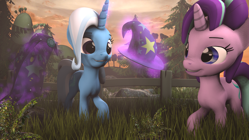 Size: 1920x1080 | Tagged: safe, derpibooru import, starlight glimmer, trixie, pony, unicorn, 3d, cape, clothes, female, hat, image, levitation, magic, mare, png, poster, source filmmaker, telekinesis, trixie's cape, trixie's hat