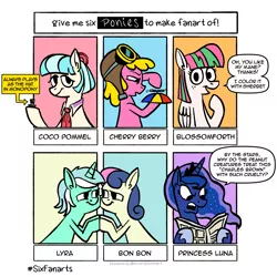 Size: 2048x2048 | Tagged: safe, artist:horsewizardart, derpibooru import, blossomforth, bon bon, cherry berry, coco pommel, lyra heartstrings, princess luna, sweetie drops, alicorn, earth pony, pegasus, pony, unicorn, six fanarts, aviator hat, dialogue, female, goggles, hat, hoof hold, hooves together, image, lesbian, lyrabon, mare, peanuts (comic), png, propeller hat, shipping, smiling, speech bubble, text box, top hat, traditional art