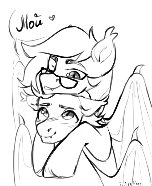 Size: 1524x1864 | Tagged: safe, artist:ijustmari, derpibooru import, oc, oc:jizlez, oc:nobrony, unofficial characters only, bat pony, pony, bat pony oc, bat wings, cuddling, duo, duo male, glasses, image, jpeg, male, wings