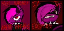 Size: 1036x507 | Tagged: semi-grimdark, artist:bunnielovesyou, derpibooru import, oc, oc:violet valium, unofficial characters only, bat pony, pony, 2 panel comic, comic, female, image, looking at you, png, red eyes, solo, text, threat
