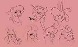 Size: 1094x665 | Tagged: safe, artist:poxy_boxy, derpibooru import, oleander (tfh), velvet reindeer, alpaca, cow, deer, dragon, goat, hybrid, longma, reindeer, sheep, unicorn, them's fightin' herds, arizona (tfh), bust, cigarette, community related, female, image, jpeg, lamb, monochrome, paprika (tfh), pom (tfh), red background, shanty (tfh), simple background, smoking, tianhuo (tfh), wip