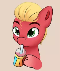Size: 1536x1823 | Tagged: safe, artist:pipp_petal, derpibooru import, sprout cloverleaf, earth pony, pony, blushing, brown background, cute, drink, drinking, drinking straw, g5, image, jpeg, male, simple background, smoothie, solo, sproutbetes, stallion, unshorn fetlocks