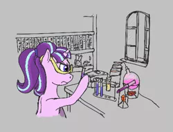 Size: 432x330 | Tagged: safe, artist:anonymous, starlight glimmer, pony, unicorn, aggie.io, alchemy, book, bookshelf, crystal, female, fire crystal, flask, frown, gray background, image, magnifying glass, mare, png, science, simple background, solo, starlight the artificer, test tube, thaumonomicon, window