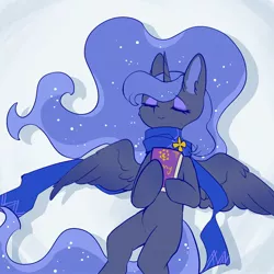 Size: 2048x2048 | Tagged: safe, artist:qamar, derpibooru import, princess luna, alicorn, pony, abstract background, book, clothes, cute, ethereal mane, eyeshadow, female, image, jpeg, lunabetes, makeup, mare, scarf, simple background, sleeping, solo, spread wings, white background, wings