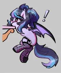 Size: 1707x2048 | Tagged: safe, artist:goshhhh, derpibooru import, oc, oc:bat, bat pony, pony, bat ears, bat wings, blushing, clothes, exclamation point, eyebrows, eyebrows visible through hair, falling, female, fishnets, garters, image, jpeg, ponytail, ripped stockings, slipping, socks, solo, stockings, table, thigh highs, torn clothes, wings