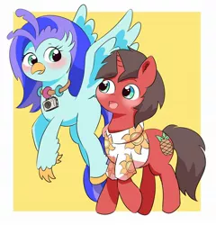 Size: 1964x2048 | Tagged: safe, artist:leo19969525, derpibooru import, oc, oc:ironyoshi, oc:sea lilly, unofficial characters only, classical hippogriff, hippogriff, unicorn, blushing, camera, clothes, commission, cute, flying, image, jewelry, jpeg, looking at each other, looking at someone, necklace, ocbetes, shirt, simple background