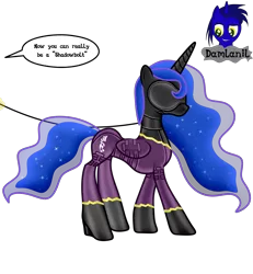 Size: 3840x4154 | Tagged: safe, artist:damlanil, derpibooru import, princess luna, alicorn, pony, bdsm, blindfold, bodysuit, bondage, bondage mask, boots, bound wings, catsuit, clothes, collar, comic, commission, corset, costume, ethereal mane, female, gag, galaxy mane, gimp suit, high heels, hood, horn, horn ring, image, implied princess celestia, jewelry, latex, latex boots, latex suit, leash, mare, muzzle gag, png, ring, rubber, shadowbolts, shadowbolts costume, shiny, shiny mane, shoes, show accurate, simple background, solo, speech bubble, suit, text, transparent background, vector, wings