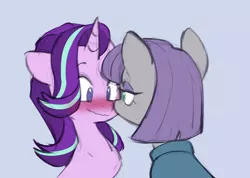 Size: 2207x1575 | Tagged: safe, artist:chub-wub, derpibooru import, maud pie, starlight glimmer, earth pony, pony, unicorn, blue background, blushing, boop, clothes, dress, duo, eyeshadow, female, image, jpeg, lesbian, looking at each other, looking at someone, makeup, noseboop, shipping, simple background, starmaud