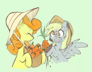 Size: 3427x2697 | Tagged: safe, artist:chub-wub, derpibooru import, carrot top, derpy hooves, golden harvest, earth pony, pegasus, pony, basket, carrot, cute, derpabetes, derpytop, dirt, duo, eyes closed, farming, female, food, green background, hat, herbivore, high res, image, jpeg, lesbian, mare, mud, open mouth, shipping, simple background, sun hat