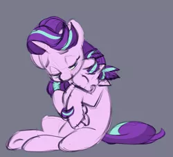 Size: 1983x1794 | Tagged: safe, artist:chub-wub, derpibooru import, starlight glimmer, pony, unicorn, black background, cute, duo, eyes closed, female, filly, filly starlight glimmer, glimmerbetes, hug, image, jpeg, mare, missing cutie mark, self paradox, simple background, younger
