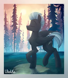 Size: 3500x4000 | Tagged: safe, artist:uliovka, derpibooru import, thunderlane, pegasus, pony, forest, image, male, png, raised hoof, scenery, smiling, solo, stallion, tree, wings