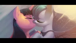 Size: 1920x1080 | Tagged: safe, artist:aruurara, derpibooru import, princess luna, twilight sparkle, alicorn, pony, female, image, kissing, lesbian, mare, png, shipping, twiluna